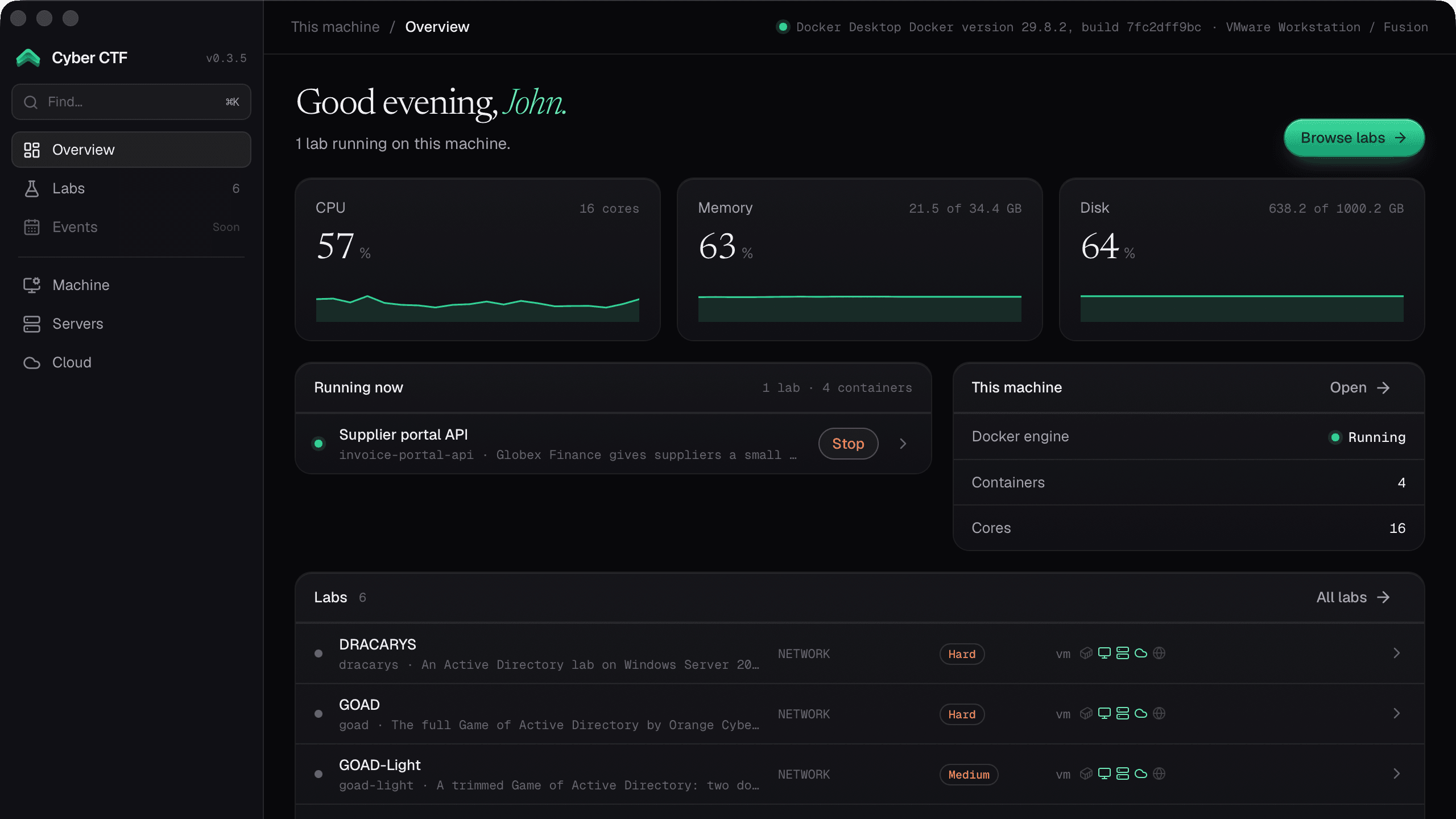 The Cyber CTF launcher: machine usage, the lab running now and the lab list